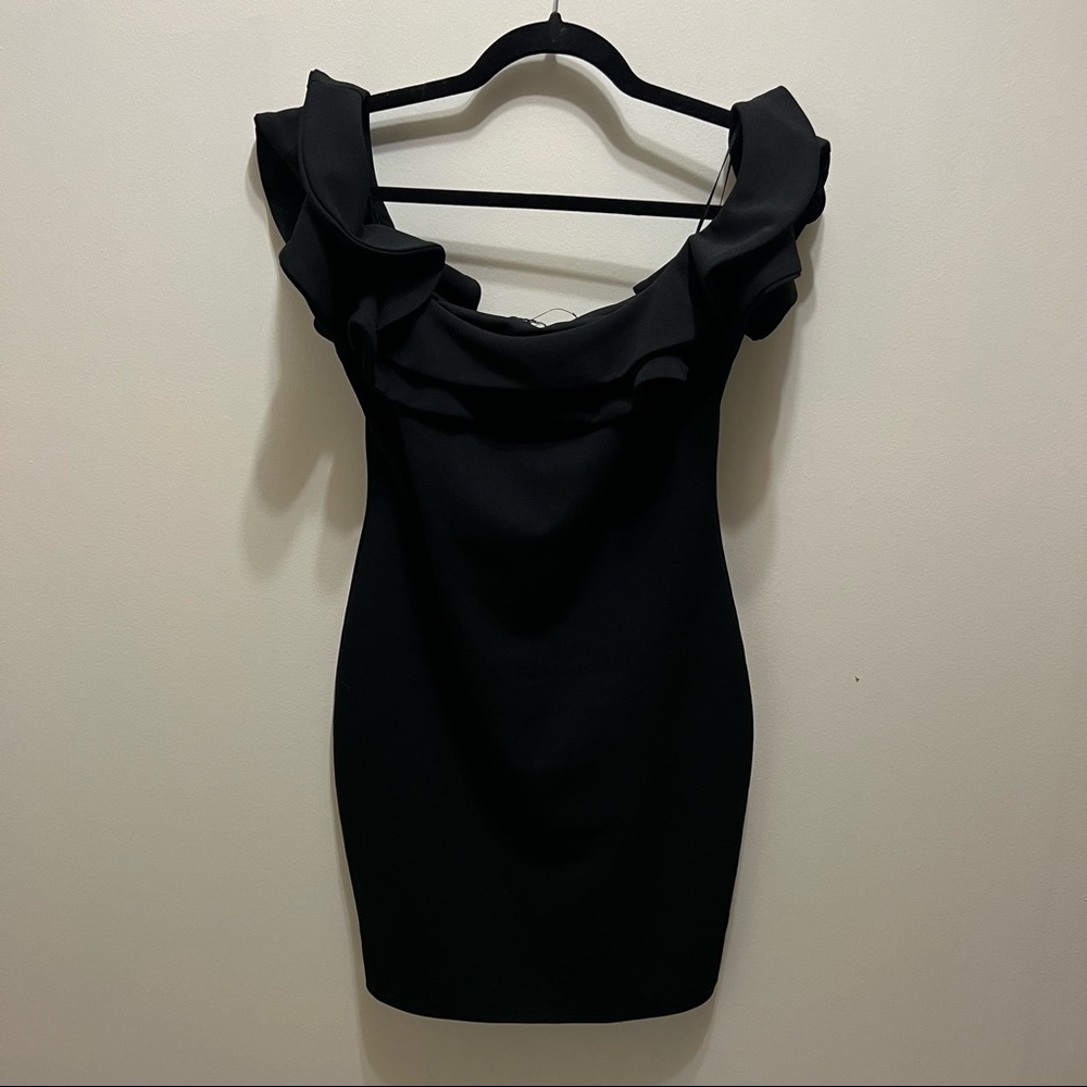 Mind Code Black Ruffle Shoulder LBD Size Large - Picture 2 of 6
